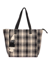 RIMROCK Large Plaid Tote Bag with Tassel Charm, Black and Beige Woven Pattern, Cotton Canvas